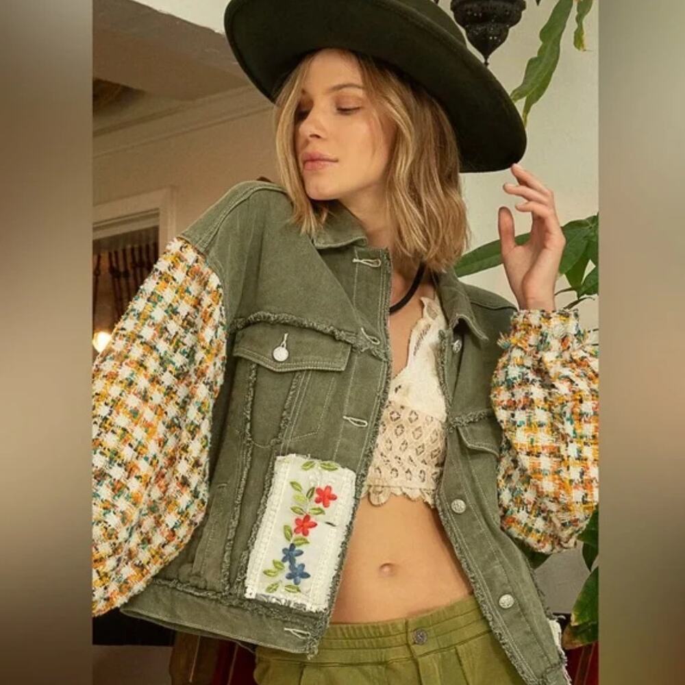 POL Patchwork Embroidered Button Down Raw Hem Distressed Boho chic Large Jacket